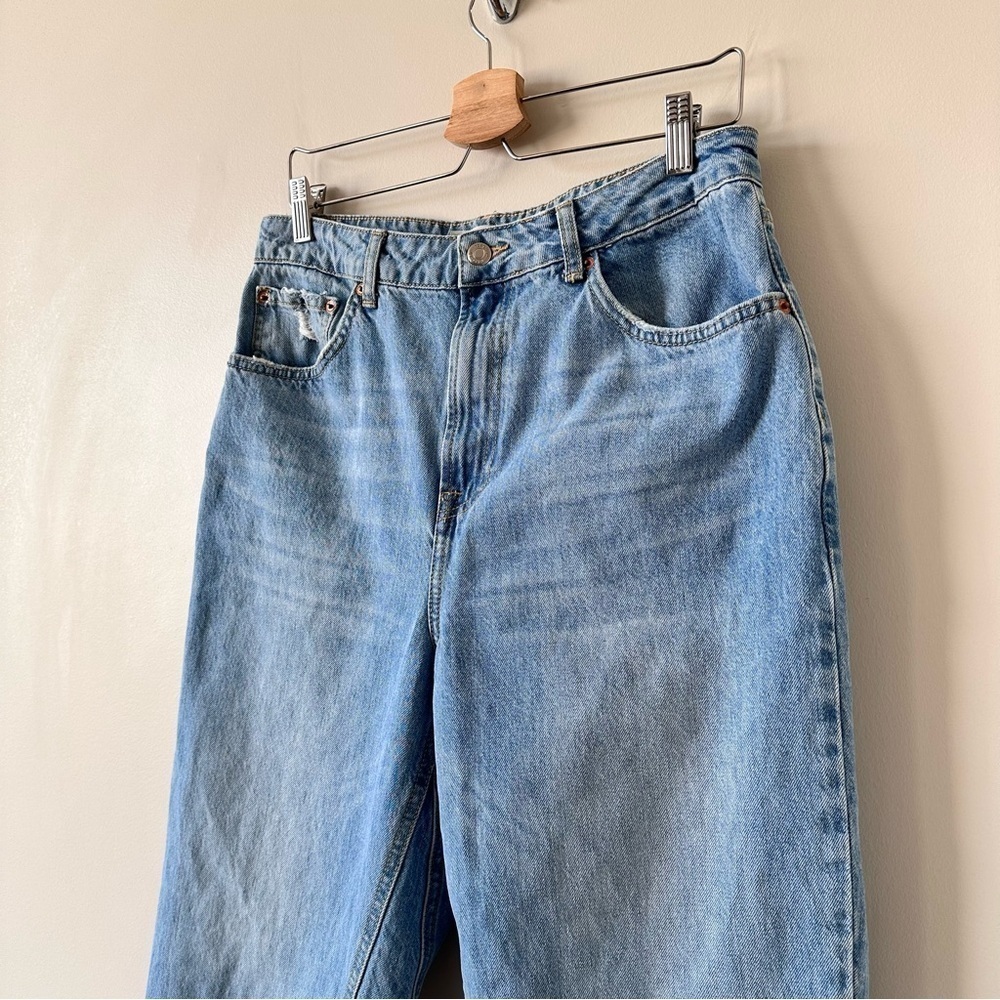 Topshop-Moto High Rise Medium Wash Wide Leg Raw Hem Jeans - Picture 7 of 12